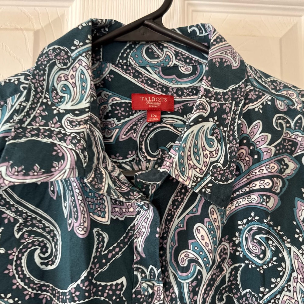 Talbots Petites Paisley Button-Down Shirt Teal Green Size 12P - Picture 3 of 5